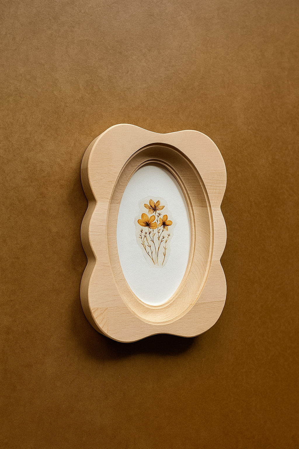 Wooden picture frame with a floral design on a brown background