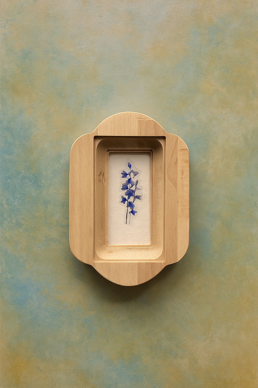 Wooden frame with a small painting of blue flowers on a textured green wall.