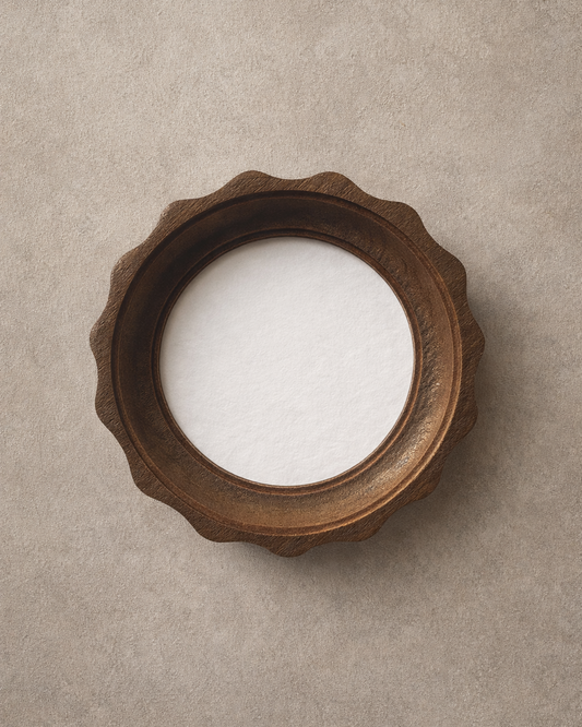 Round wooden frame on a beige background
