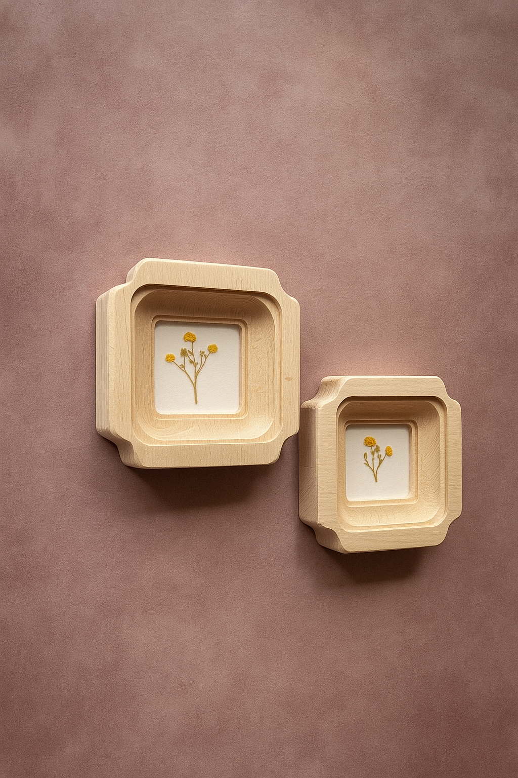 Two beige square wall frames with floral prints on a brown background