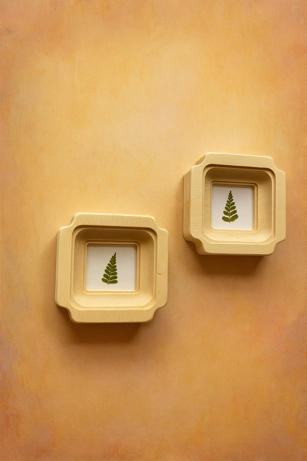 Two square, beige frames with small green plants on a textured orange wall.