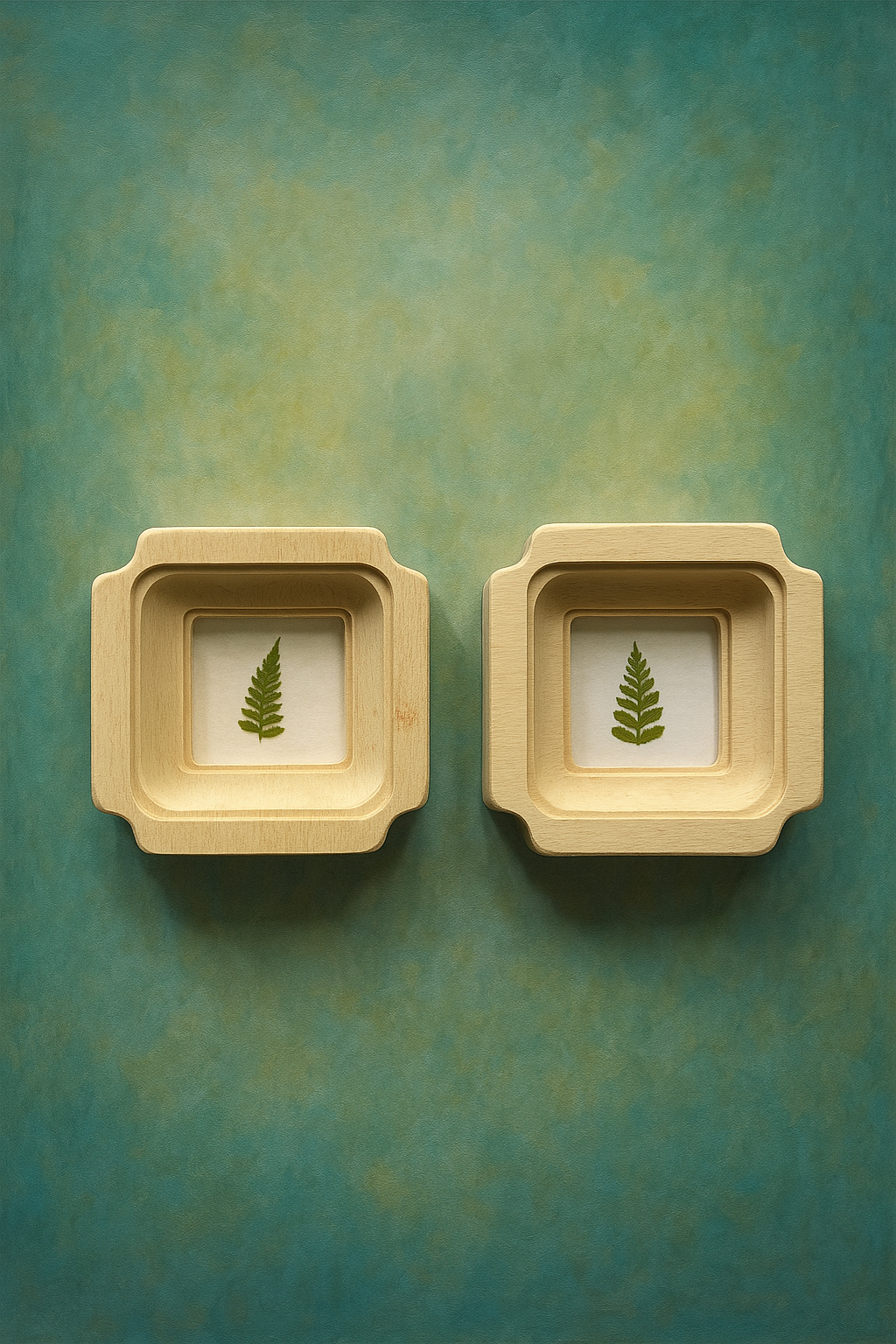 Two beige square frames with green leaves on a textured teal background