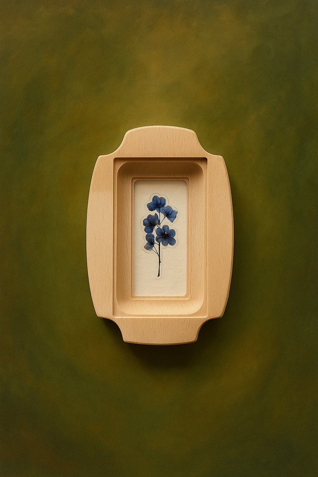 Wooden frame with a pressed flower on a green background