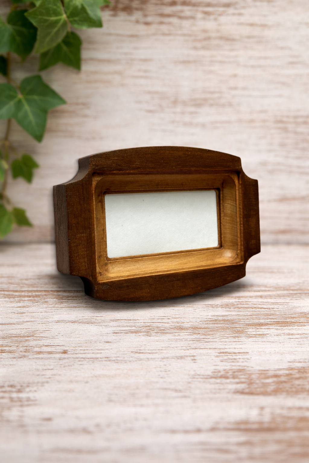 Wooden picture frame on a textured surface with a plant in the background
