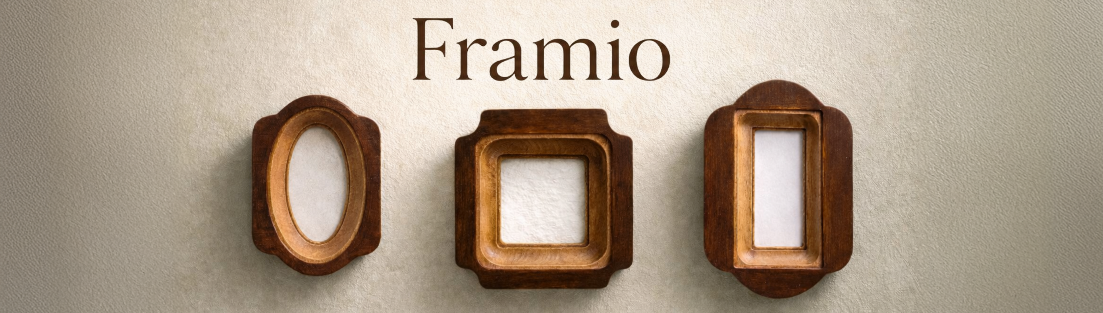 Three wooden picture frames on a beige background with 'Framio' branding.